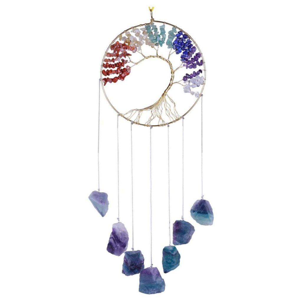 Arbre de vie extérieur carillon à suspendre avec des pierres en fluorite et effet 7 chakras