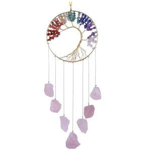 Arbre de vie extérieur carillon à suspendre en quartz rose avec style 7 chakras