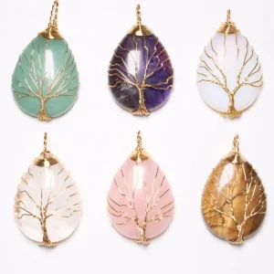 Pendentif arbre de vie en pierres naturelles quartz rose, améthyste; cristal de roche, aventurine, opaline, œil du tigre
