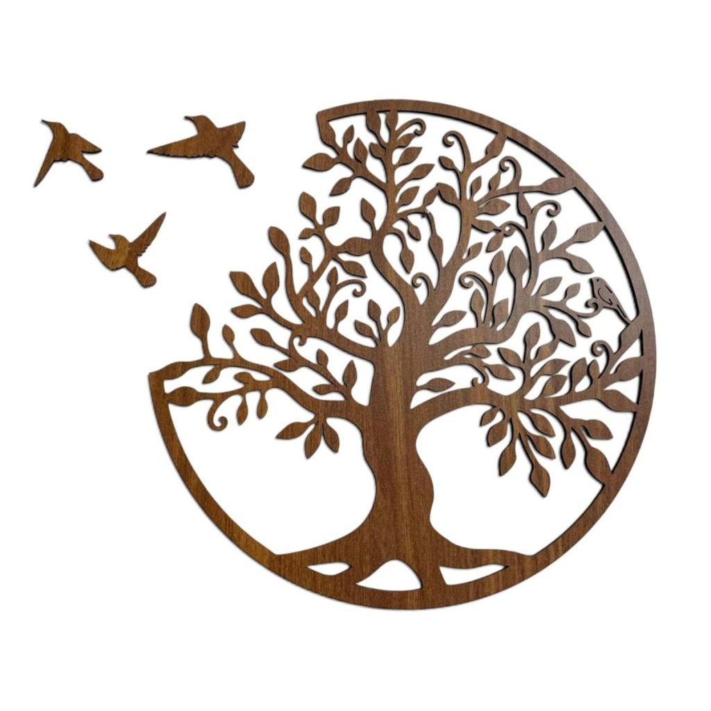 Arbre de vie en bois avec motif oiseaux, décoration murale en bois de noyer