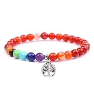 Bracelet arbre de vie 7 chakras en pierres naturelles cornaline rouge et orange