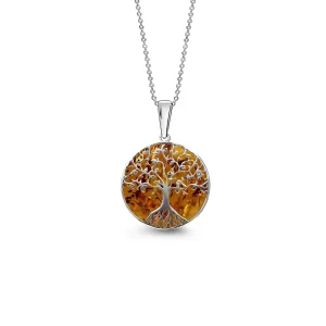 Collier arbre de vie en argent sterling avec pendentif en ambre de la Baltique couleur cognac