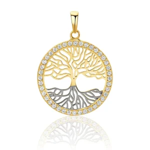 Pendentif arbre de vie en or 14 carats et pierres en zircone, motif ajouré