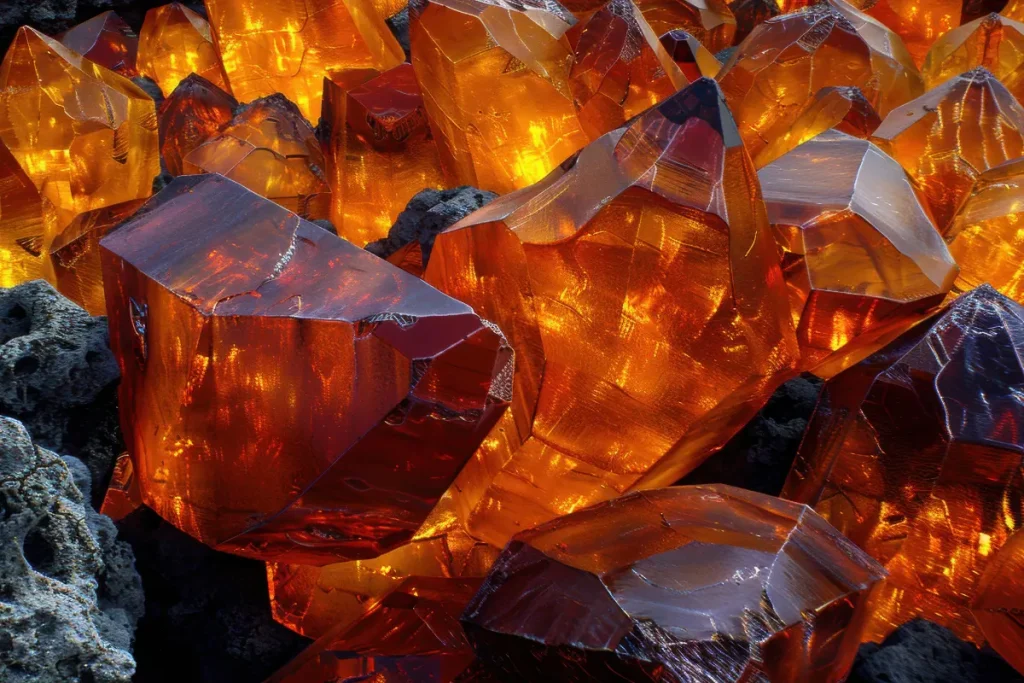 Gros plan sur des cristaux d'ambre brute et lumineuse, illustrant la symbolique de cette résine fossile dans l'arbre de vie.