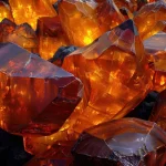 Gros plan sur des cristaux d'ambre brute et lumineuse, illustrant la symbolique de cette résine fossile dans l'arbre de vie.