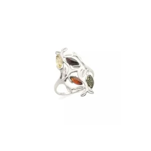 Bague arbre de vie en argent et ambre de la Baltique de couleur jaune, vert et cognac