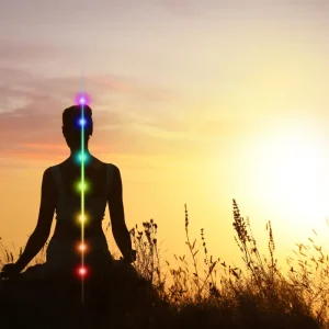 Personne en train de méditer dans la nature avec visualisation des énergies des 7 chakras dans son corps